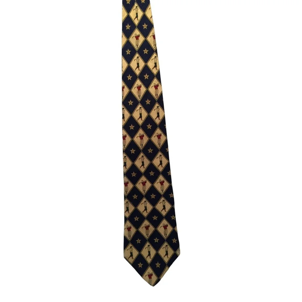 Tommy Hilfiger Men's Tie Italian Silk Novelty Vintage Golfer Blue Gold 57